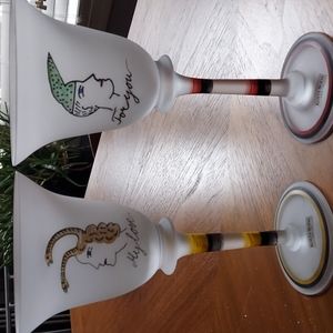 Unique Frosted Kosta Boda Hand Painted Wine Glasses 7.5" × 4"^ marked